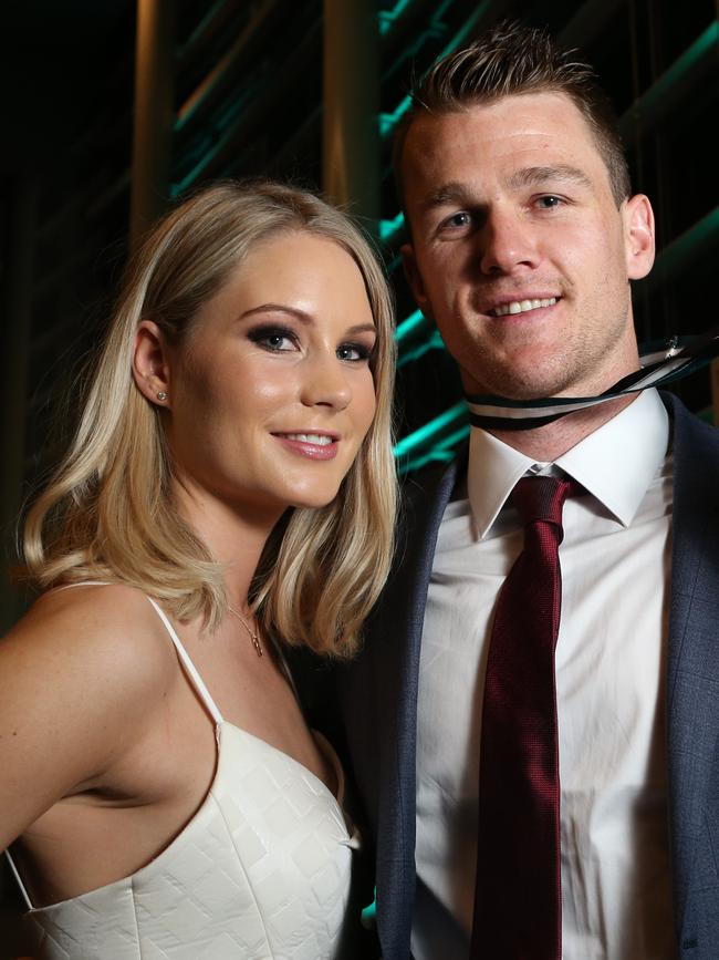 Robbie Gray winning Port Adelaide’s best and fairest John Cahill medal, with then-girlfriend Annabel Whiting. Picture: Tait Schmaal