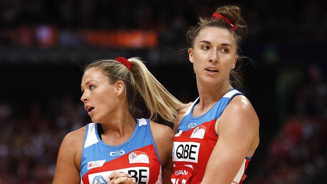 Sophie Craig, nee Halpin, and Sarah Klau celebrating after they beat cross town rivals, the Giants, in round one of Super Netball last season.