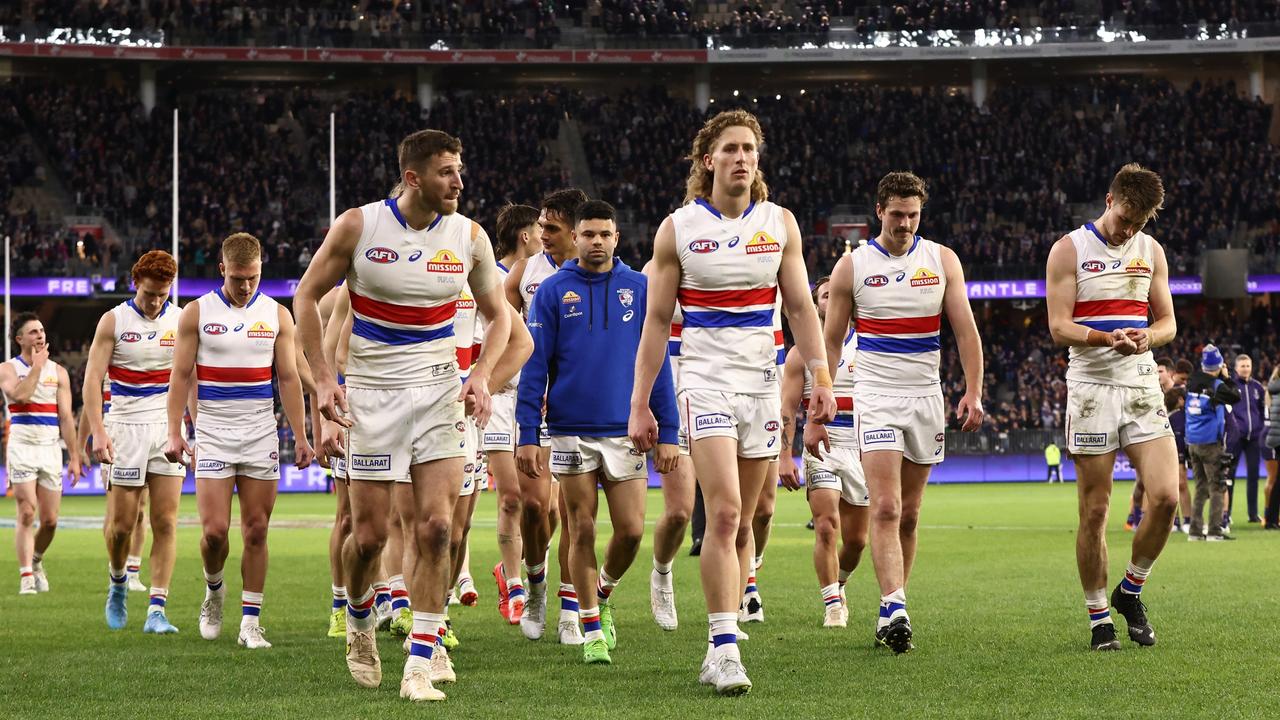 The Bulldogs walk off after last year’s elimination final loss to Fremantle. Picture: Paul Kane/Getty Images