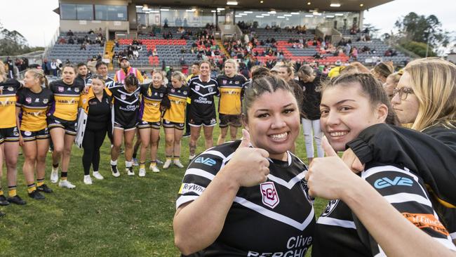 Oakey players Clarrisa Janes and Sabina McLoughlin after the game. Picture: Kevin Farmer.