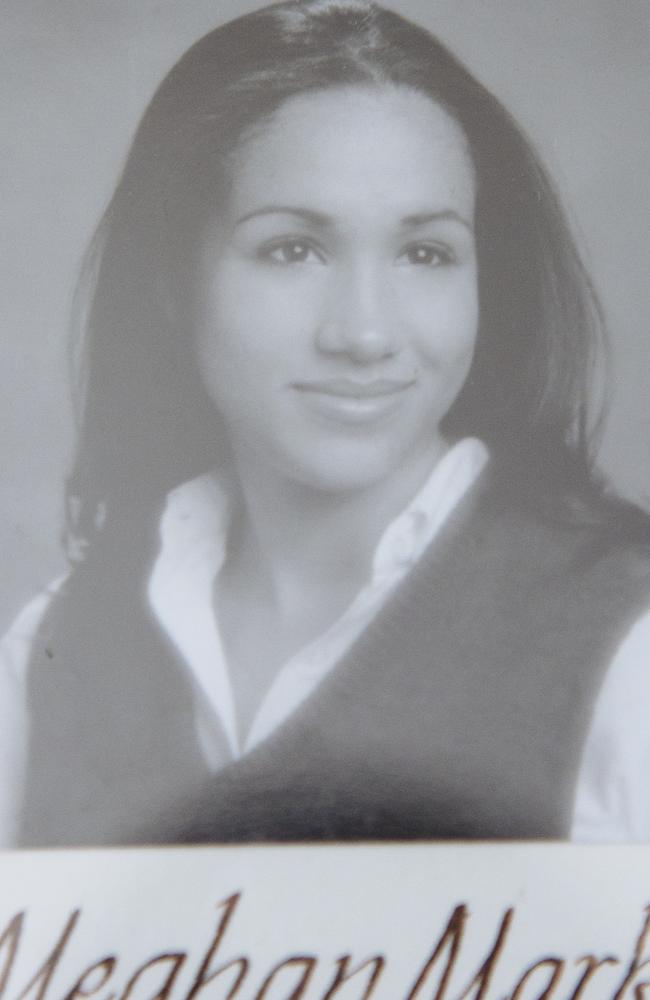 A school picture of Meghan Markle on a board commemorating the class of 1999 at Immaculate Heart High School. Los Angeles, California. Picture: Angus Mordant/ NewsCorp Australia