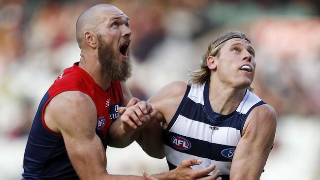 Max Gawn had the better of Mark Blicavs and the Cats on Sunday. Picture: Dylan Burns/AFL Photos via Getty Images