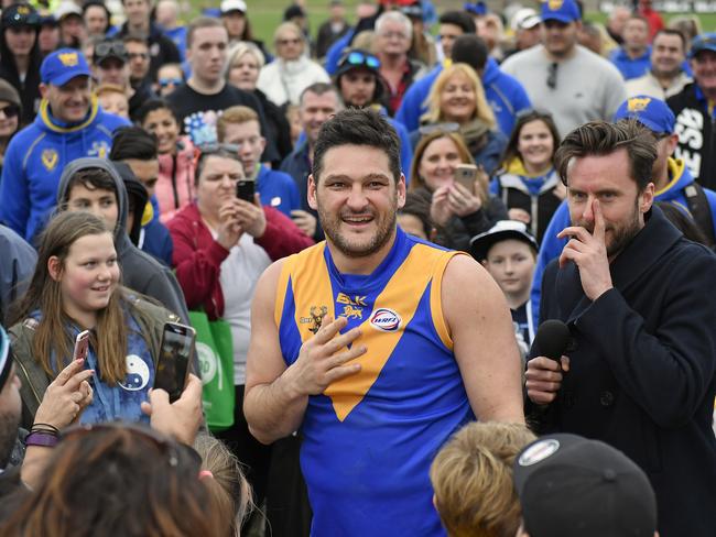 Brendan Fevola leaves the field after Deer Park won the WRFL Division 1 Grand Final. Picture: Andy Brownbill