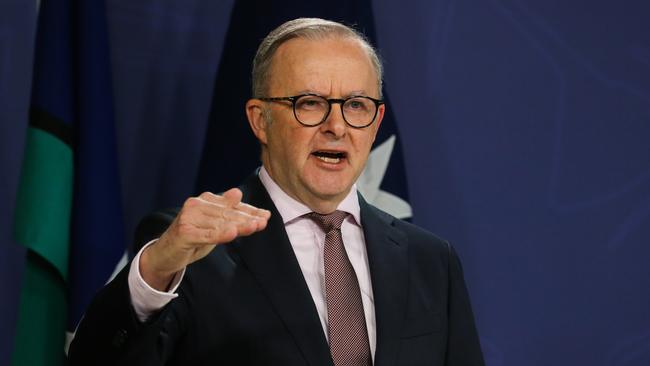 Anthony Albanese rushed through a laundry list of measures before veering off into a diatribe about the fate of cabinet records from 20 years ago. Picture: NCA Newswire/Gaye Gerard