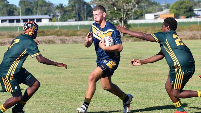 Shaun Devietti charges up the field against Abergowrie. Photos from the Will Murdoch Shield mini rugby league tournament involving the three Hinchinbrook high schools, Ingham State High School, Gilroy Santa Maria College and St Teresa's Catholic College Abergowrie, at Gilroy on Wednesday. Picture: Cameron Bates