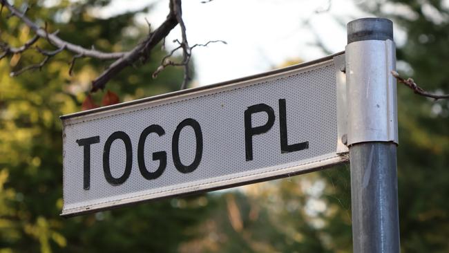 The street sign at the entrance to Togo Place, where the couple lived. Picture: Blake Foden