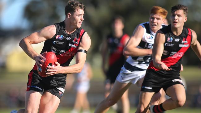 West Adelaide’s Tom Murphy sugres forward in Sunday’s narrow three-point loss to South Adelaide at Richmond Oval. Picture: Dean Martin