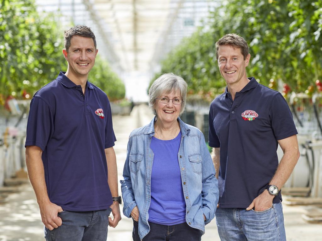 The Millis family – Ed, Gabriel and Chris Millis, said: "We would like to thank every Coles customer who has picked up a pack of our tomatoes and capsicums. These small actions are supporting Australian farmers like us and making a huge difference in patient’s lives.” Picture: Matt Harvey