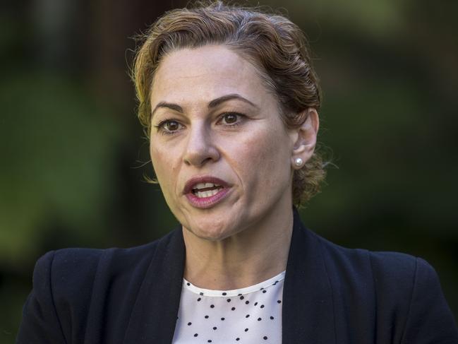 Queensland Deputy Premier Jackie Trad speaking to media on the Speaker€™s Green of Parliament House about the Cross River Rail Project, Brisbane, Monday, April 16, 2018. (AAP Image/Glenn Hunt) NO ARCHIVING, EDITORIAL USE ONLY