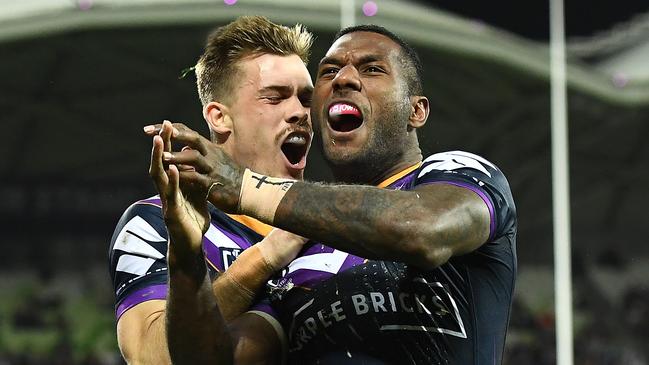 MELBOURNE, AUSTRALIA — SEPTEMBER 14: Suliasi Vunivalu of the Storm celebrates scoring a try during the NRL Qualifying Final match between the Melbourne Storm and the Canberra Raiders at AAMI Park on September 14, 2019 in Melbourne, Australia. (Photo by Quinn Rooney/Getty Images)