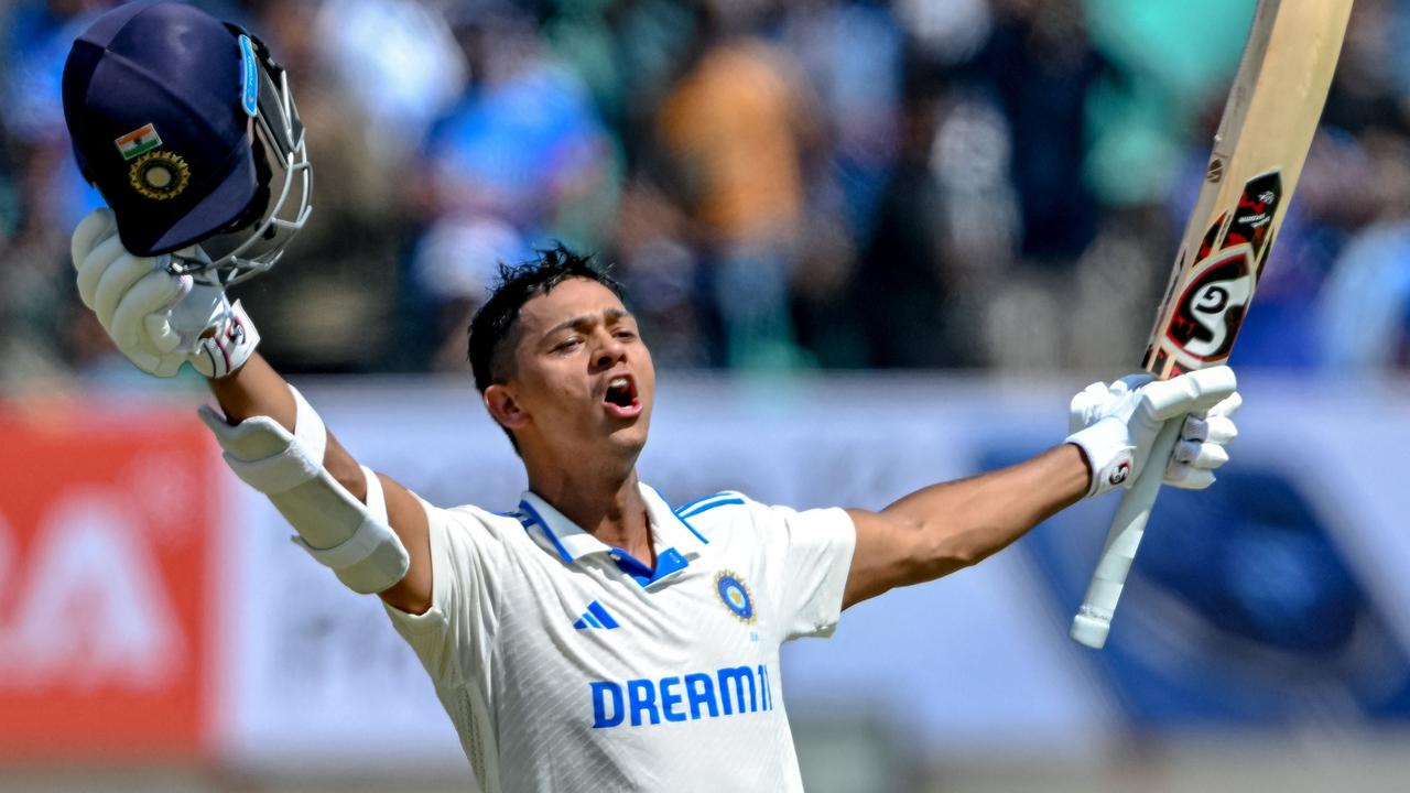 India's Yashasvi Jaiswal celebrates after scoring a double century at the Niranjan Shah Stadium in Rajkot on February 18, 2024. (Photo by Punit PARANJPE / AFP)