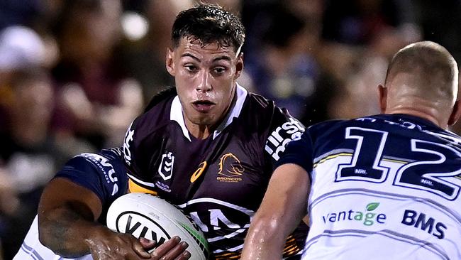 BRISBANE, AUSTRALIA - FEBRUARY 27: Jordan Riki of the Broncos takes on the defence during the NRL Trial Match between the Brisbane Broncos and the North Queensland Cowboys at Moreton Daily Stadium on February 27, 2021 in Brisbane, Australia. (Photo by Bradley Kanaris/Getty Images)