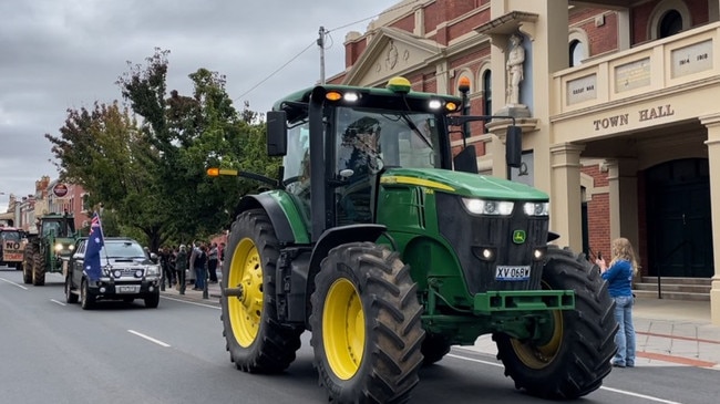 Farmers roll their tractors into St Arnaud, before a meeting in the town hall to discuss state and federal government plans to carve up their land with 500kV transmission lines.