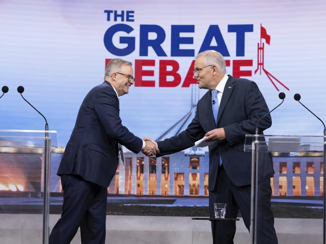 Australian Opposition Leader Anthony Albanese and Australian Prime Minister Scott Morrison at the second leaders' debate of the 2022 federal election campaign. Photo: Alex Ellinghausen