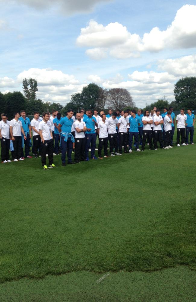 The players of Manchester and Melbourne City mingle for the first time.