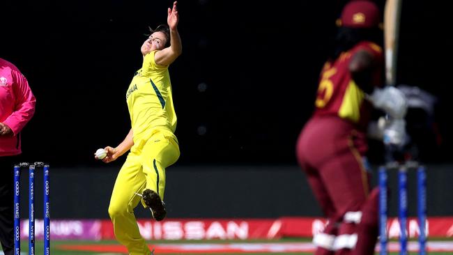 Ellyse Perry took three West Indian wickets in Wellington. Picture: Marty Melville / AFP