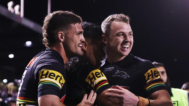 PENRITH, AUSTRALIA - SEPTEMBER 09: Brian To'o of the Panthers celebrates with team mates after scoring a try during the NRL Qualifying Final match between the Penrith Panthers and the Parramatta Eels at BlueBet Stadium on September 09, 2022 in Penrith, Australia. (Photo by Mark Kolbe/Getty Images)