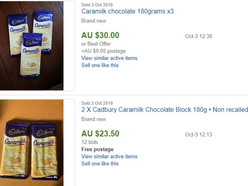 Two sold listings on the auction site show sellers have paid a high price for the chocolate bar. Picture: eBay