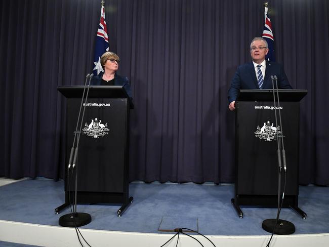 Defence Linda Reynolds and Prime Minister Scott Morrison revealing a state-based cyber attack targeting the Australian government and business in June. Picture Mick Tsikas