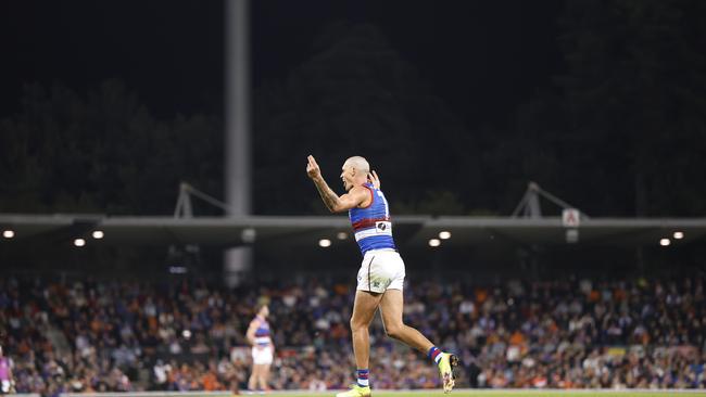 Rory Lobb of the Bulldogs celebrates a goal with a “lobster” motion during the round seven AFL match between GWS Giants and Western Bulldogs. (Photo by Darrian Traynor/Getty Images)
