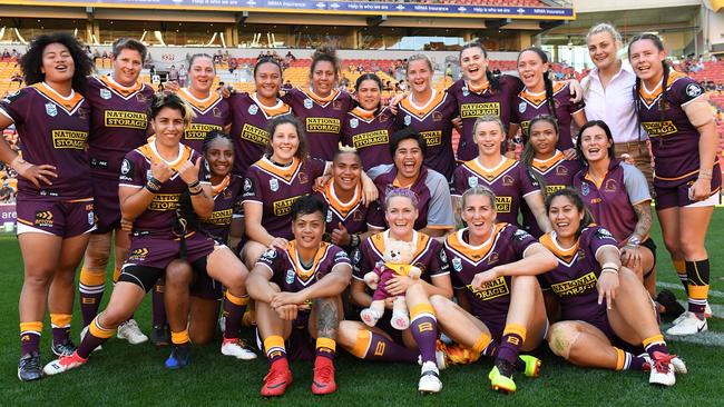 Broncos players celebrate their trial match against the PNG Orchids at Suncorp Stadium. Picture: AAP