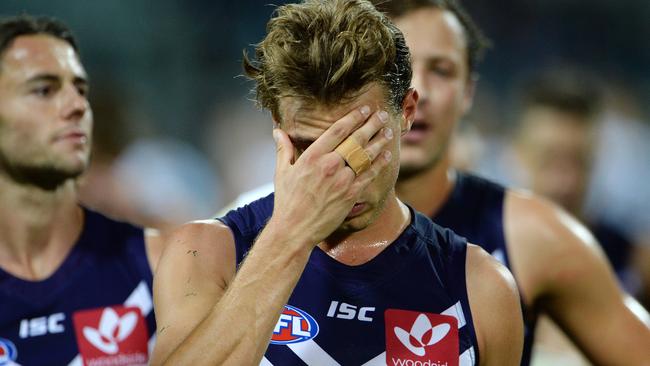Fremantle players wonder where their first win will come from. Picture: Daniel Wilkins