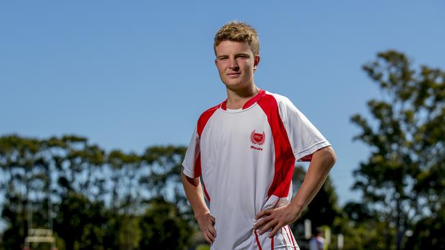 Palm Beach Currumbin's senior boys side have qualified for the SPL grand final and have a chance to make it back to back titles. Player, Lachlan Anderson, 15. Picture: Jerad Williams