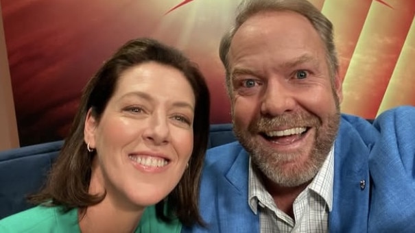 Gorgi Coghlan and Peter Helliar on the set of Apple Cider Vinegar playing morning TV hosts.Picture: Supplied/Instagram