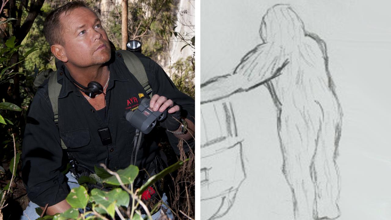Yowie hunter Dean Harrison and a sketch of the yowie reportedly seen in the Gold Coast Hinterland.