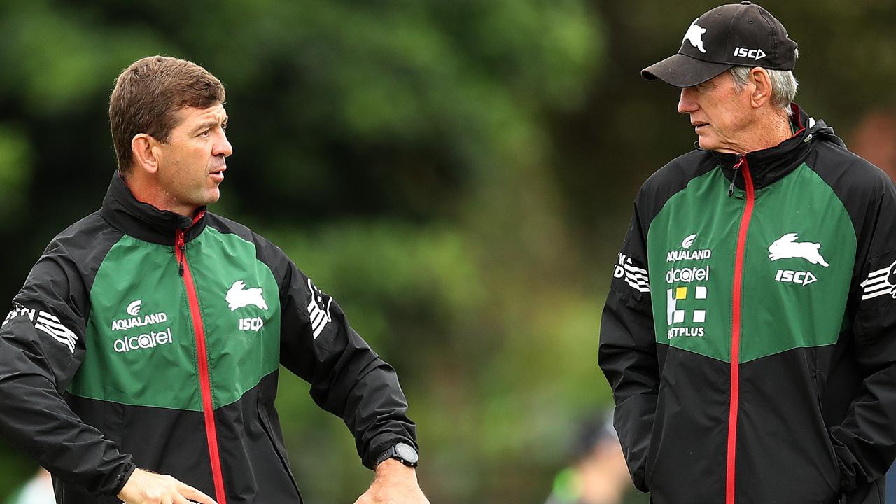 Assistant coach Jason Demetriou with Wayne Bennett during South Sydney Rabbitohs training ahead of their first game of the season against the Sharks. Picture. Phil Hillyard