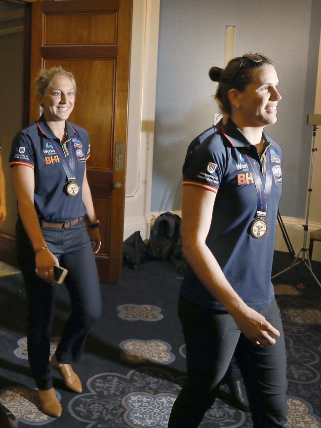 MJ and Chelsea Randall after their Adelaide Crows won the 2019 Premiership. Picture: Dean Martin