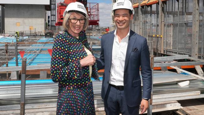 Lord Mayor Jane Lomax-Smith with ICD Property’s Matt Khoo at the Market Square construction site. Picture: Dean Martin