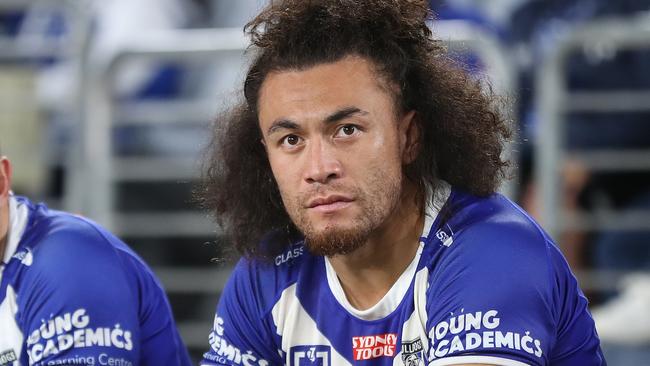 SYDNEY, AUSTRALIA - MAY 12:  Josh Reynolds and Raymond Faitala-Mariner of the Bulldogs look on from the bench during the round 11 NRL match between Canterbury Bulldogs and New Zealand Warriors at Accor Stadium on May 12, 2023 in Sydney, Australia. (Photo by Brendon Thorne/Getty Images)