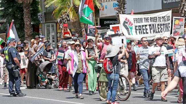 Free Palestine Protest in Little Malop St Geelong then stopping in Malop St then onto Transvaal Square Picture: Mark Wilson