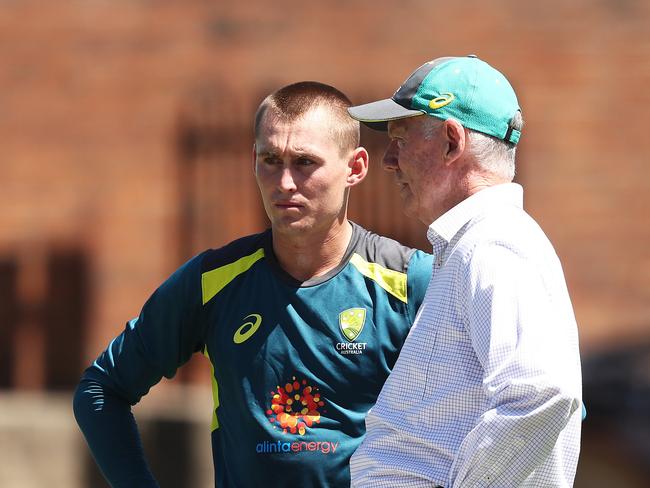 Greg Chappell pictured with Marnus Labuschagne in 2018. Picture. Phil Hillyard