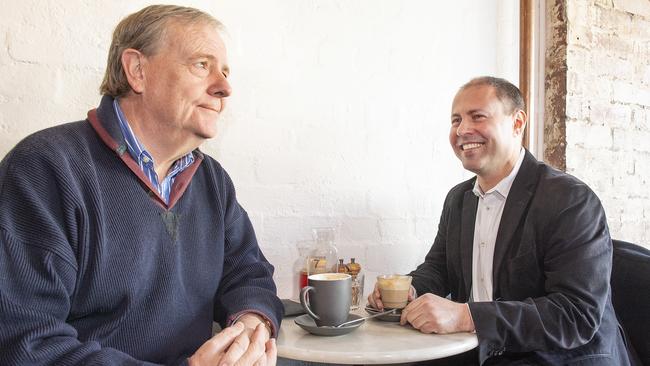 Deputy Liberal Leader Josh Frydenberg, right, with Peter Costello. Picture: AAP