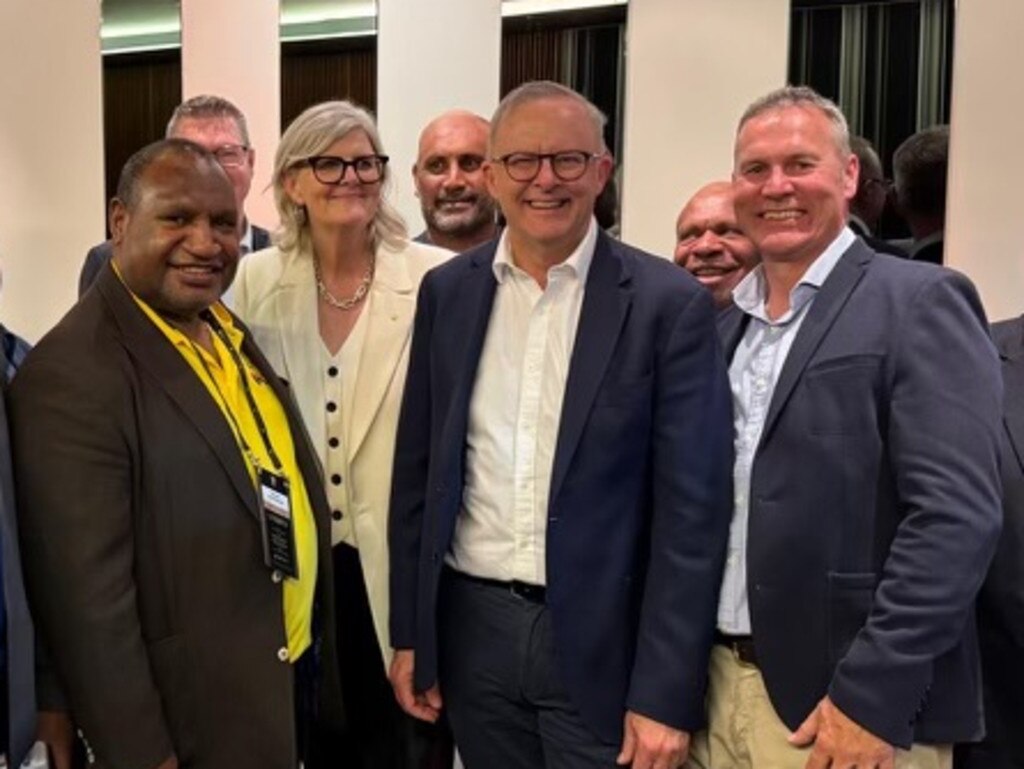 Papua New Guinea Prime Minister James Marape with Australian Prime Minister Anthony Albanese and PNG NRL bid team boss, Andrew Hill. Picture: Supplied