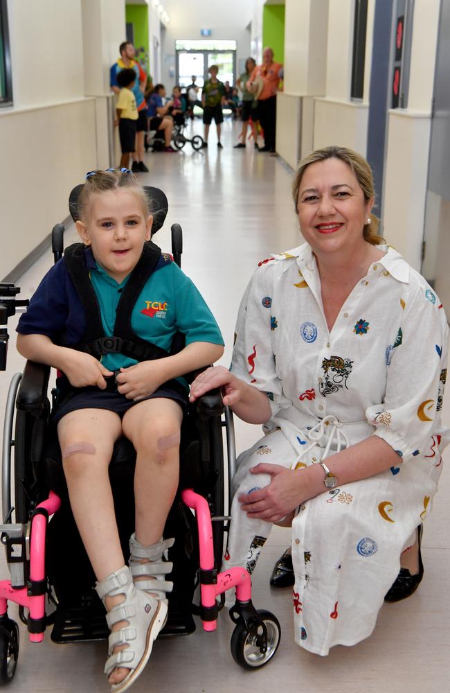 Townsville Community Learning Centre student Avia Keogh, 7, with Premier Annastacia Palaszczuk. Picture: Evan Morgan