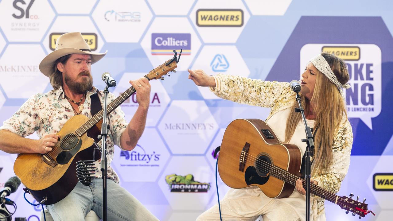 Adam Eckersley and Brooke McClymont on stage at It's a Bloke Thing 2022 at Wellcamp Airport, Friday, September 9, 2022. Picture: Kevin Farmer