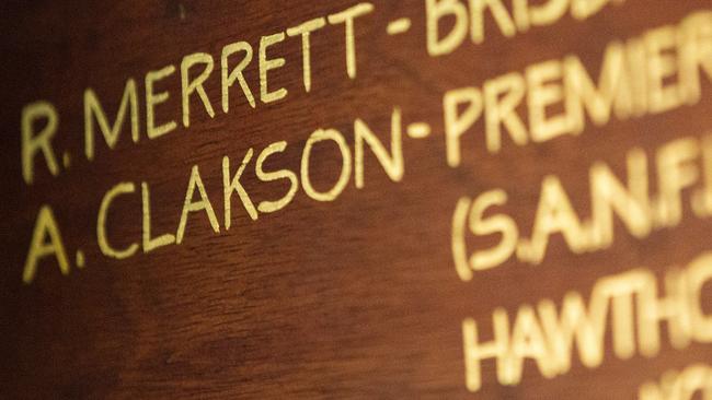 Clarkson features on several honour boards in the clubrooms of the Kaniva Cougars ... even if they don’t all get his name exactly right. Picture: Mark Stewart