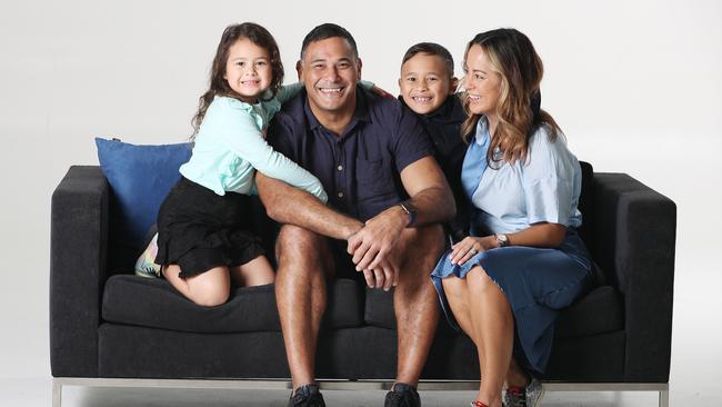 Justin Hodges with his wife Gyanne and children Milane, 5, and Carter 8. Picture: Annette Dew