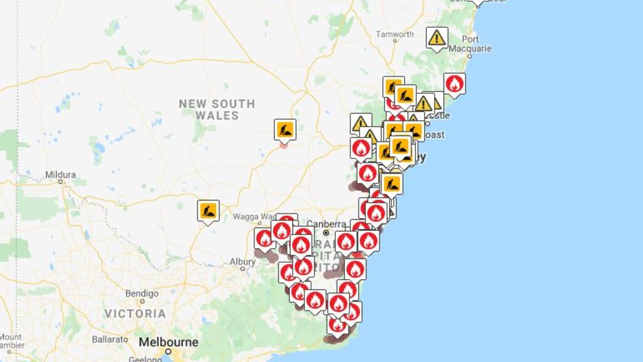 Map showing the extent of the crisis in NSW as of 1.33pm on Friday. Picture: Live Traffic.