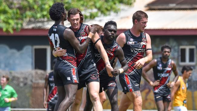 The Tiwi Bombers celebrating a goal in the 2023-24 NTFL season. Picture: Tymunna Clements / AFLNT Media