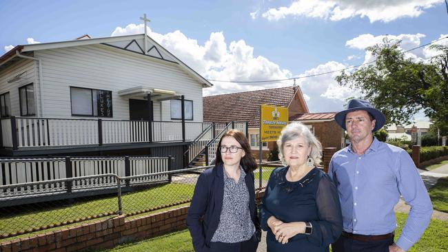 Labor council candidate for Holland Park, Karleigh Auguston, Vice President of the St Lukes Theatre Society, Roslyn Dempsey, and Moorooka Ward councillor Steve Griffiths. Picture: AAP/Renae Droop