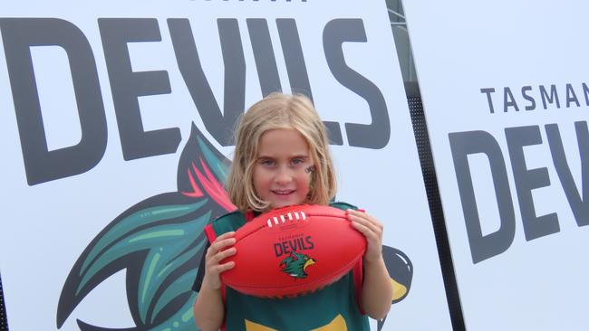 Ira Stretton, five, at the Devils clinic in Launceston in April. Picture: Jon Tuxworth