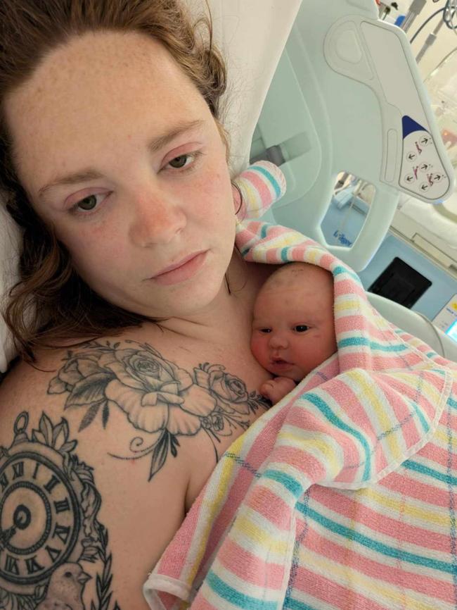 First-time mum Rachael Bartholomew Giles with her son Tyler David Rogers, following emergency surgery for complications after a C-section performed at Port Pirie Hospital. Picture: Supplied