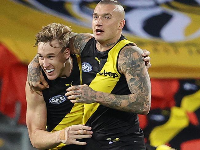 AFL Round 10. Richmond vs Brisbane at Metricon Stadium, Gold Coast.  04/08/2020.  Tom Lynch of the Tigers celebrates his goal in the second quarter with Dustin Martin   . Pic: Michael Klein