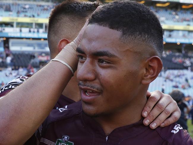 Manly captain Manase Fainu celebrates victory after the Parramatta Eels v Manly 2017 Holden Cup U20's Grand Final at ANZ Stadium, Sydney. Picture: Brett Costello