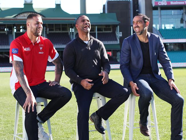 Three legends of the Sydney Swans. Lance Franklin, Micahel O'Loughlin and Adam Goodes at the SCG. Picture. Phil Hillyard