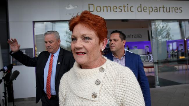 One Nation Senator Pauline Hanson is seen at Perth Airport, Perth, Friday, June 22, 2018. Ms Hanson has travelled to Perth to campaign in the Darling Range by-election with One Nation candidate Rod Caddies. (AAP Image/Richard Wainwright) NO ARCHIVING